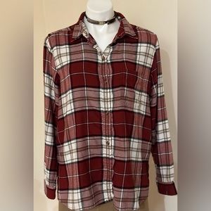 American Eagle Flannel Red, White & Brown Plaid Button Down Sz L Boyfriend Fit.